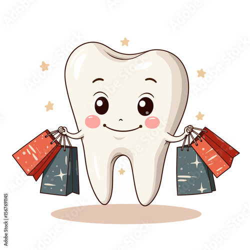 Cartoon tooth character holding shopping bags with smiling expression  