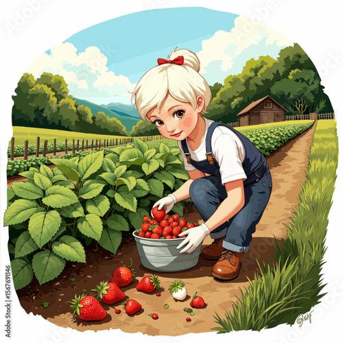 Young girl picking strawberries in field with green plants  