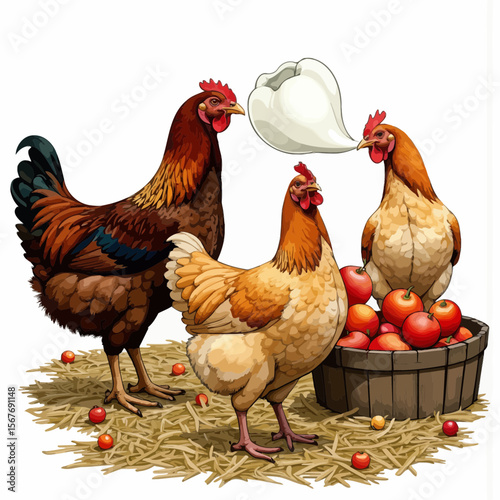 Three colorful chickens talking near a basket of apples on straw  