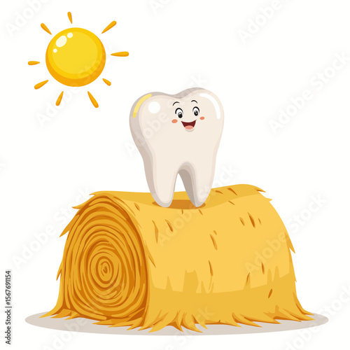 Cartoon tooth character smiling on haystack under the sun  