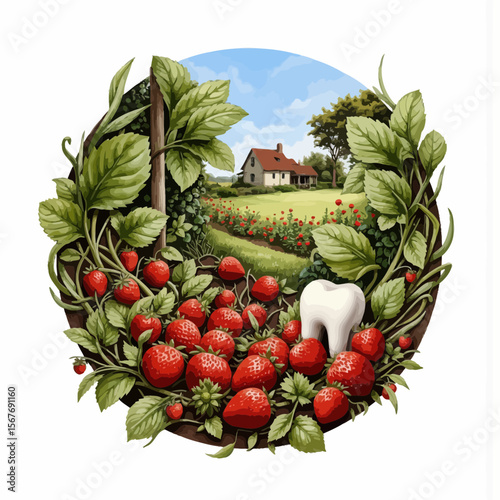Strawberries in a circular wreath with house and garden background  