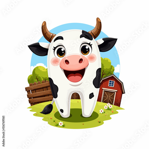 Happy cartoon cow smiling on a farm with a barn and trees  