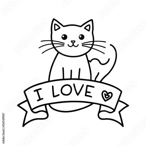 Cat holding i love cats banner with cute expression on white background Vector illustration