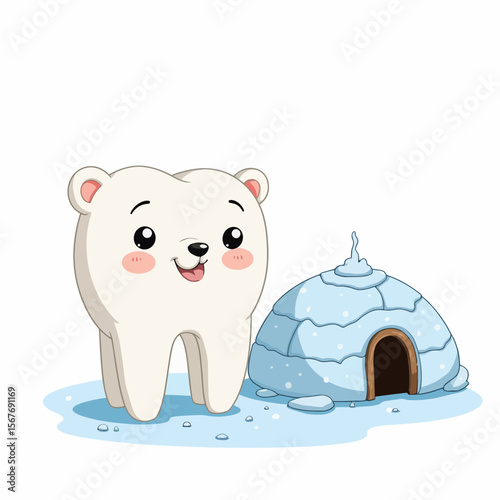 Cute cartoon polar bear tooth near igloo in snowy environment  
