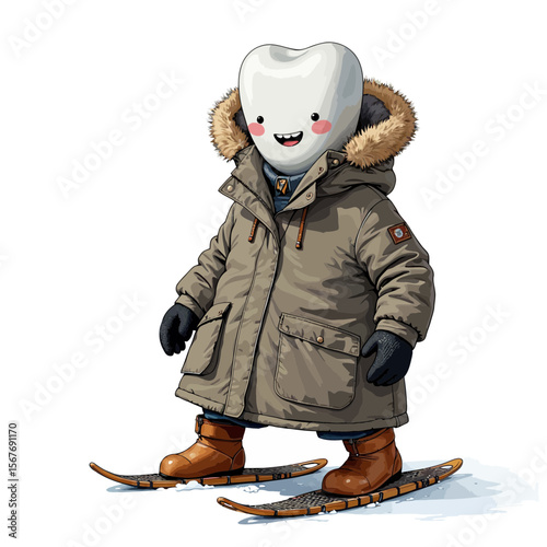 Tooth character wearing ski gear and smiling on snowy landscape  