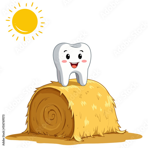 Happy cartoon tooth sitting on haystack under sunny sky  