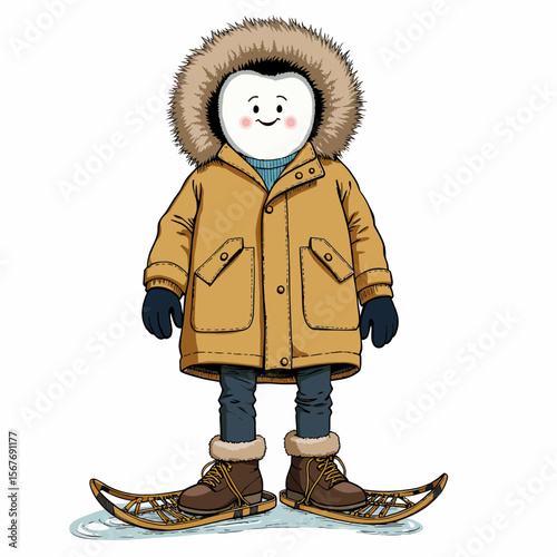 Cartoon character in winter coat and snowshoes smiling outdoors  