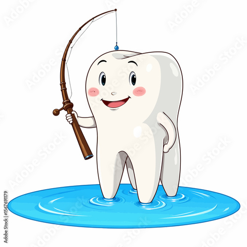 Cartoon tooth character fishing in blue water with a smile  