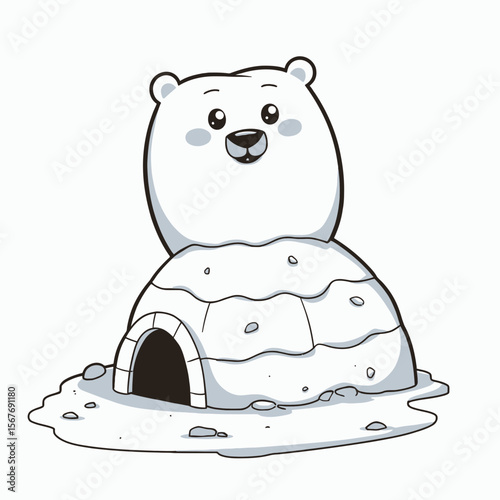 Cartoon polar bear smiling outside igloo in snowy landscape  