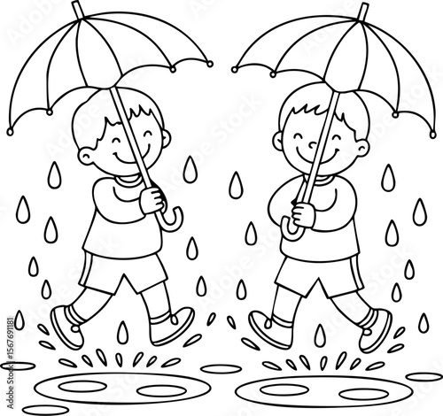 Children Jumping in Rain Puddles Line Art Vector Illustration