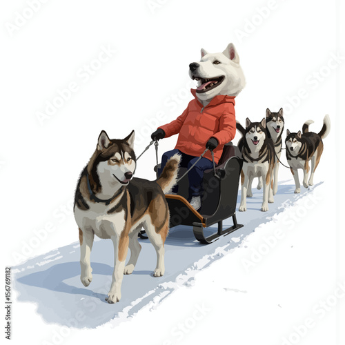 Cartoon dog sledding with huskies on snowy landscape  