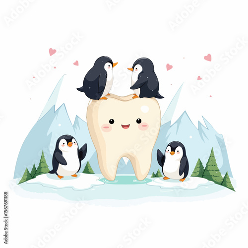 Cute cartoon penguins playing on a giant tooth in snowy mountains  