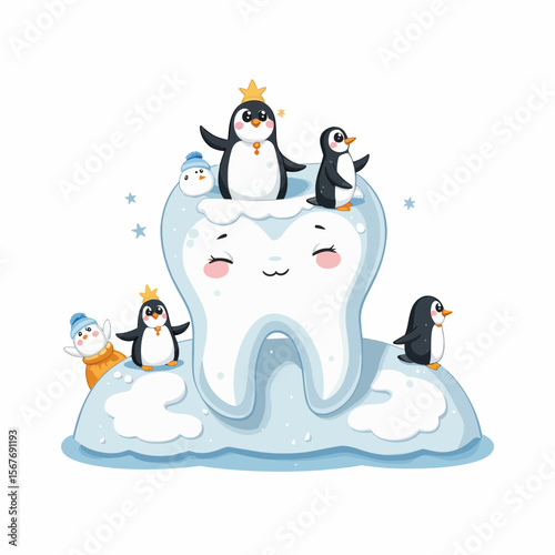 Cute penguins playing on a smiling tooth in a snowy landscape  