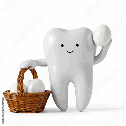 Cartoon tooth character holding egg and basket with eggs  