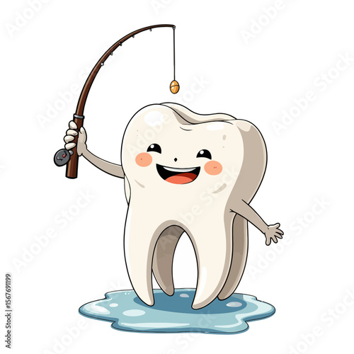 Cartoon tooth character fishing with a rod in a playful environment  
