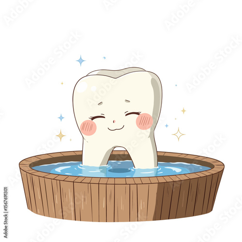 Happy cartoon tooth sitting in a wooden tub of water  