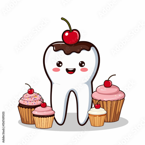 Cartoon tooth character with cupcakes and cherry on top  