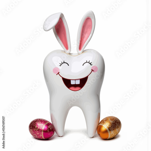 Cartoon tooth with bunny ears and colorful Easter eggs  