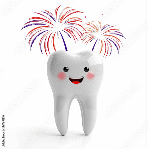 Cartoon tooth character with fireworks celebrating dental health  