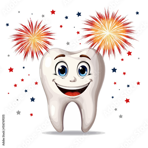 Cartoon tooth character celebrating with fireworks and confetti  