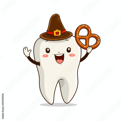 Cartoon tooth character celebrating Thanksgiving with pretzel  