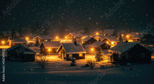 Winter Village Scene Under Falling Snow Illuminated With Warm Lights Against Dark Night Sky