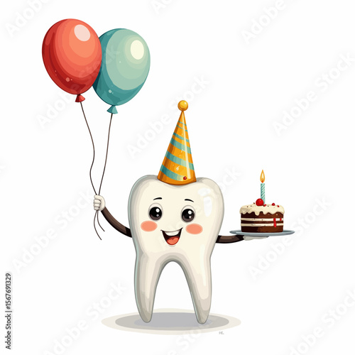 Cartoon tooth character celebrating birthday with balloons and cake  