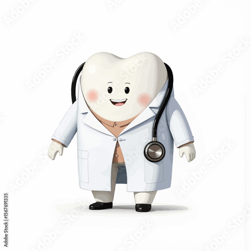 Cartoon tooth character wearing a lab coat and stethoscope  