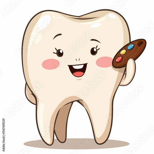 Cartoon tooth character smiling and holding a paint palette  
