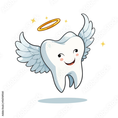 Angelic tooth character with wings and a halo flying happily  