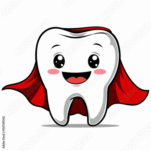 Happy tooth character smiling with a red cape illustration  