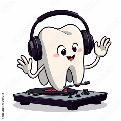 Cartoon tooth character enjoying music while DJing on turntable  