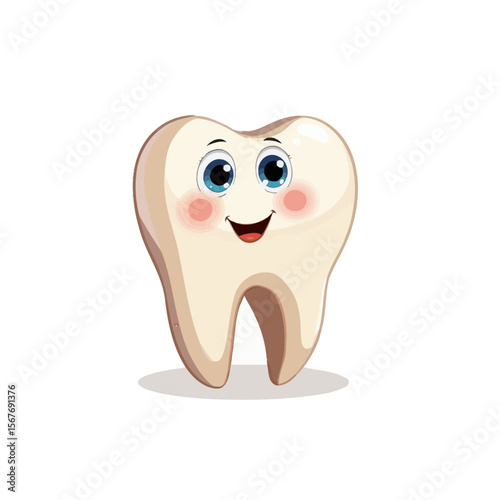 Happy cartoon tooth character smiling with big eyes and blush  