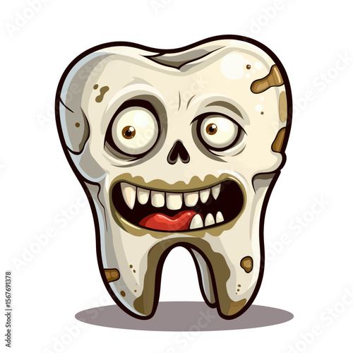 Cartoon skull-shaped tooth character with a goofy expression  