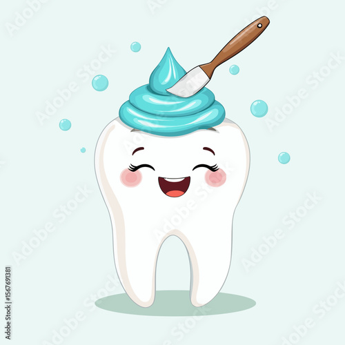 Happy cartoon tooth with frosting and a brush on blue background  