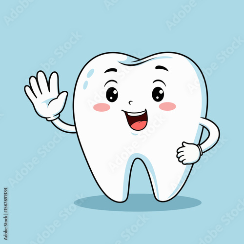 Cartoon tooth character waving happily on blue background  