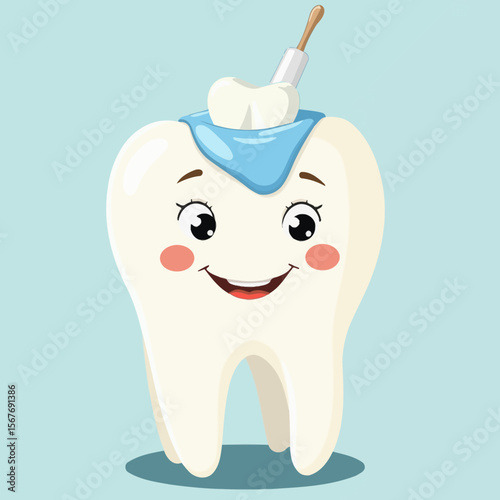 Happy cartoon tooth with dental care tool and blue treatment cap  