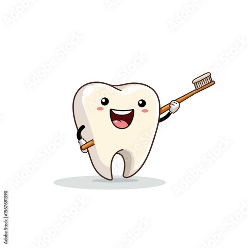 Happy cartoon tooth holding a toothbrush and smiling cheerfully  
