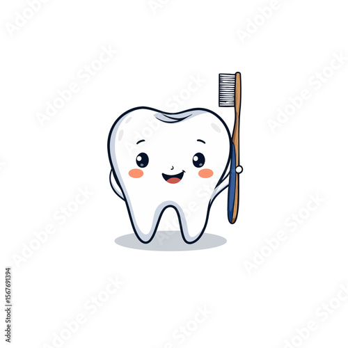 Cartoon tooth holding toothbrush and smiling happily  