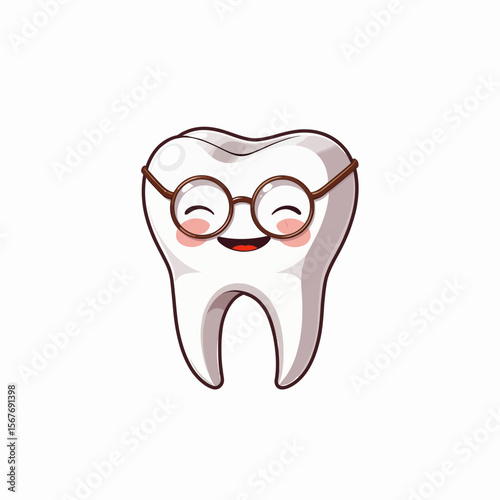 Cartoon tooth character wearing glasses and smiling happily  