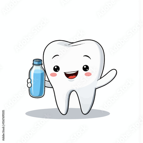 Cartoon tooth character holding a bottle of milk and smiling  