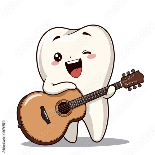 Cartoon tooth character playing guitar and smiling cheerfully  