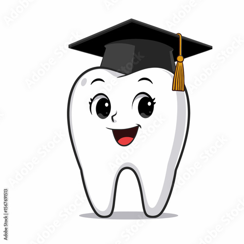 Cartoon tooth character wearing graduation cap and smiling happily  