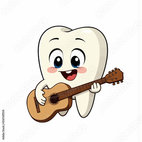 Cartoon tooth character playing guitar and smiling joyfully  