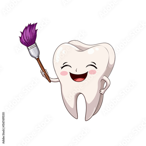 Cartoon tooth character holding paintbrush and smiling cheerfully  