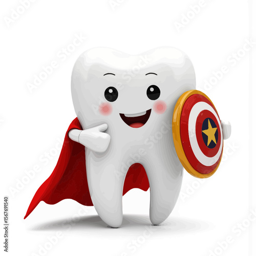 Superhero tooth character holding shield with a happy expression  