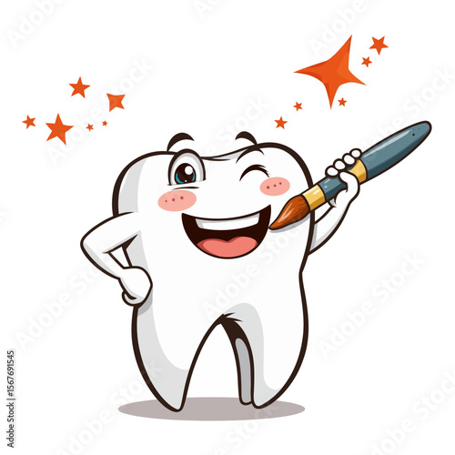 Cartoon tooth character smiling and holding paintbrush with stars  