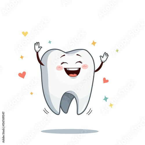 Happy cartoon tooth character jumping with joy and smiling  