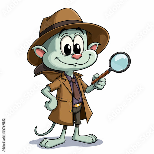 Cartoon mouse detective holding magnifying glass in stylish outfit  