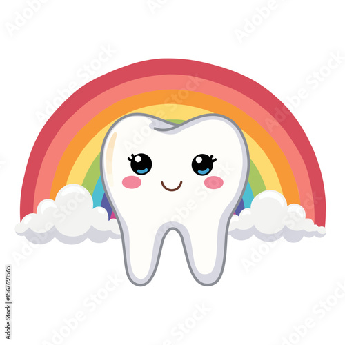 Happy cartoon tooth smiling under a rainbow with clouds background  